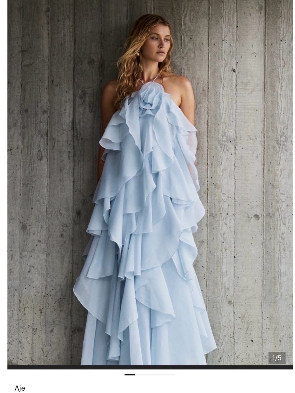 Aje Powder Blue Cascade Ruffle Halter Maxi Dress